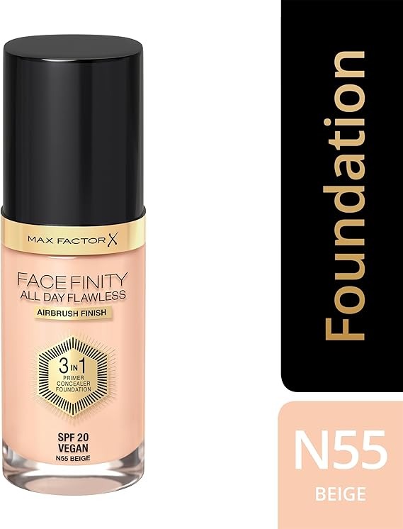 Max Factor Facefinity 3-in-1 All Day Flawless Liquid Foundation, SPF 20 - 55 Beige (Packaging May Vary)