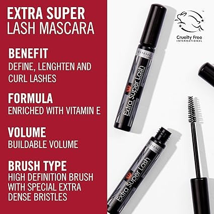 RIMMEL LONDON - Extra Super Lash Building Mascara - Defines, Lengthen & Curl Lashes - With Hydrogel For Healthy Looking Finish - Enriched With Vitamin E - No Clumping - 101 Black Black