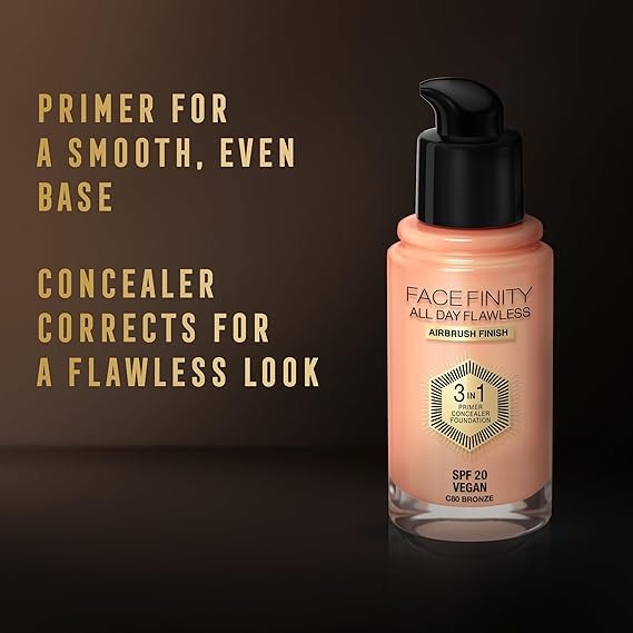 Max Factor Facefinity 3-in-1 All Day Flawless Liquid Foundation, SPF 20 - 55 Beige (Packaging May Vary)